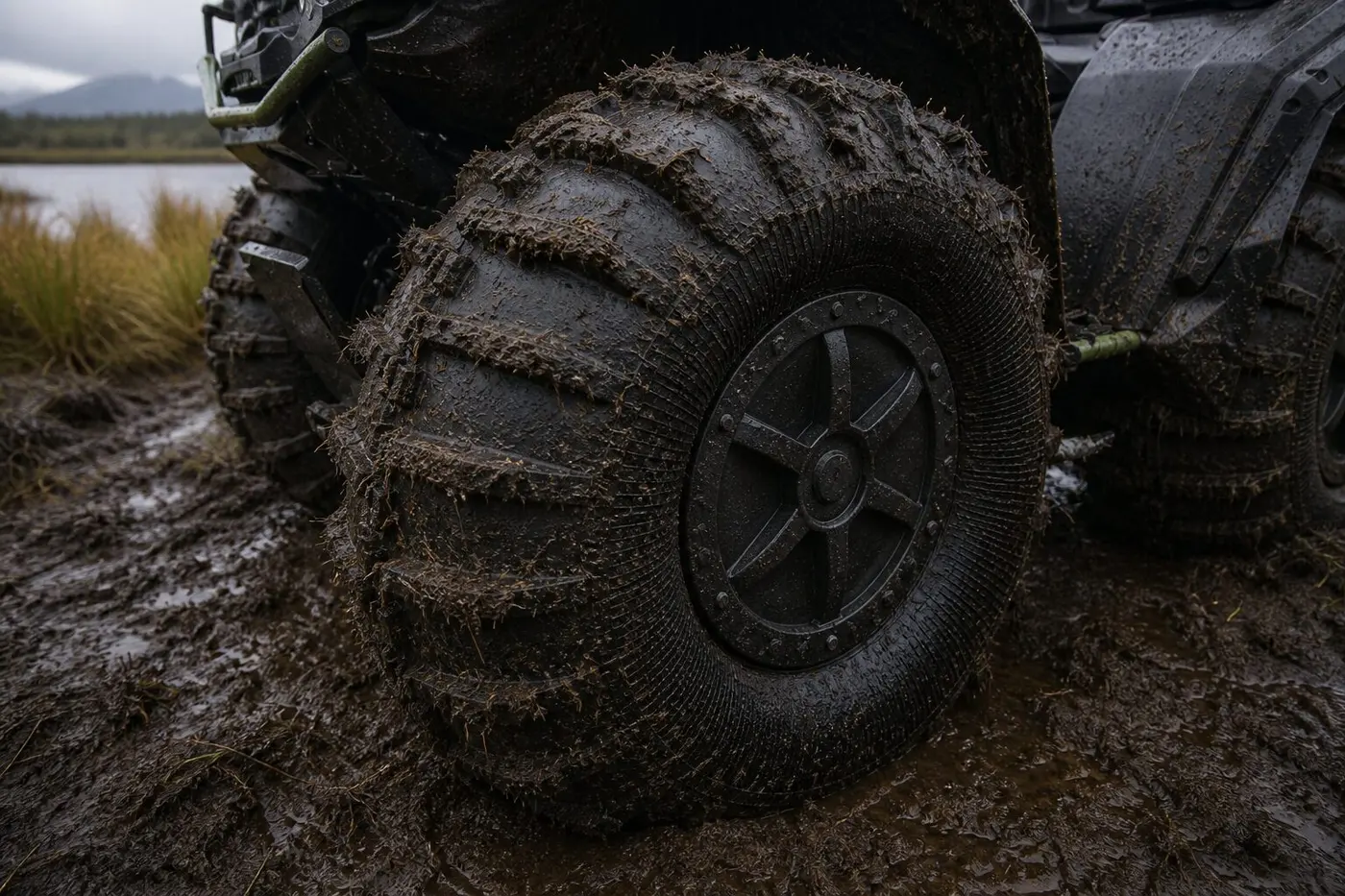 Close-up of Avtoros ultra-low pressure balloon tyres in mud