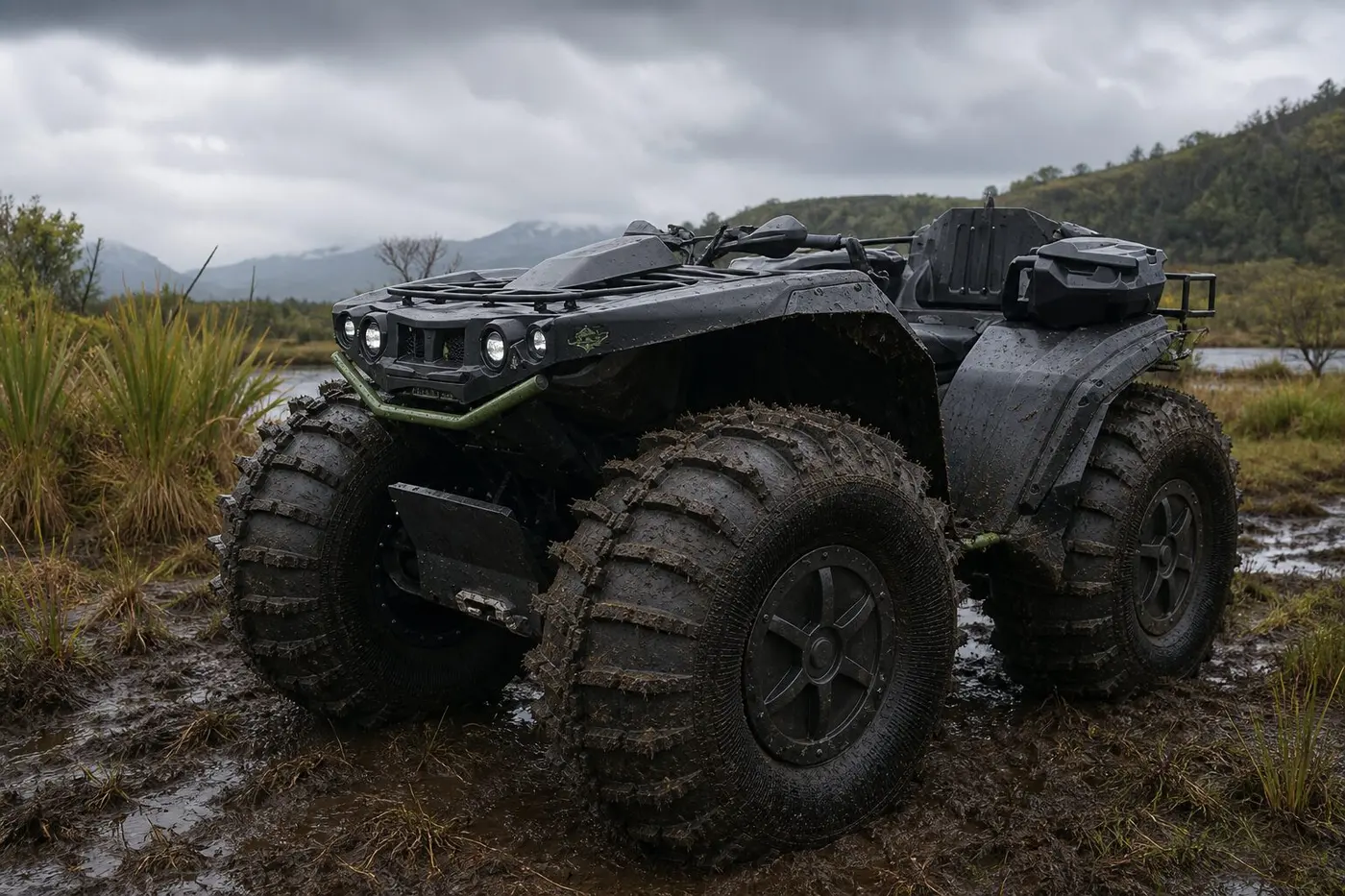 BIG ATV in deep mud on wetland terrain